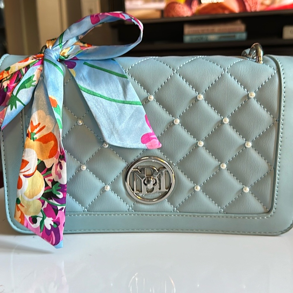 Badgley Mischka Light Blue Crossbody Bag with Dust Bag & Twilly